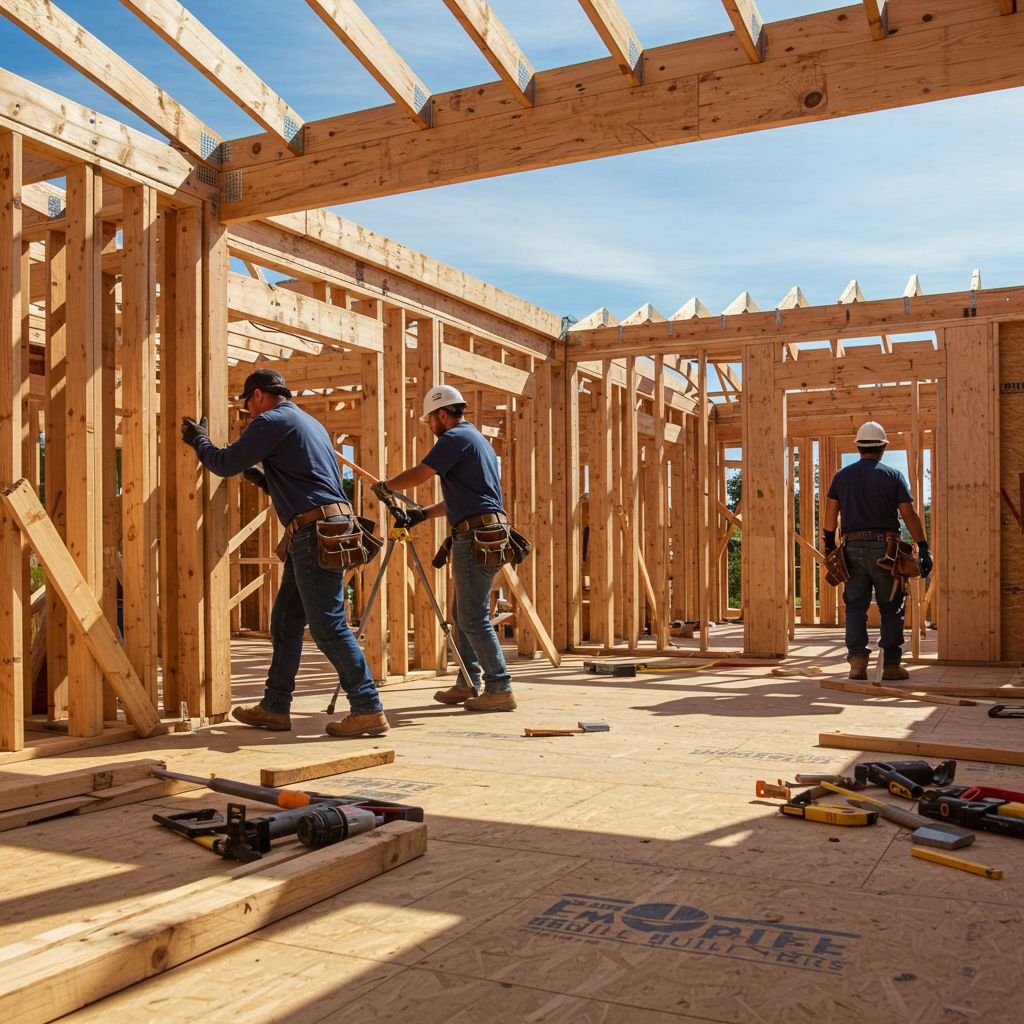 Equipo de carpinteros trabaja entre muros y vigas de madera de una vivienda en construcción.
